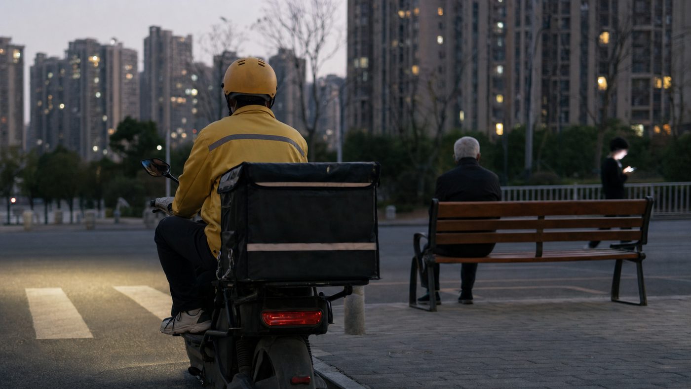 傍晚的城市：前景一位外卖骑手在路口等候，中景一位老人独坐长椅，远处一个年轻人被手机屏幕照亮