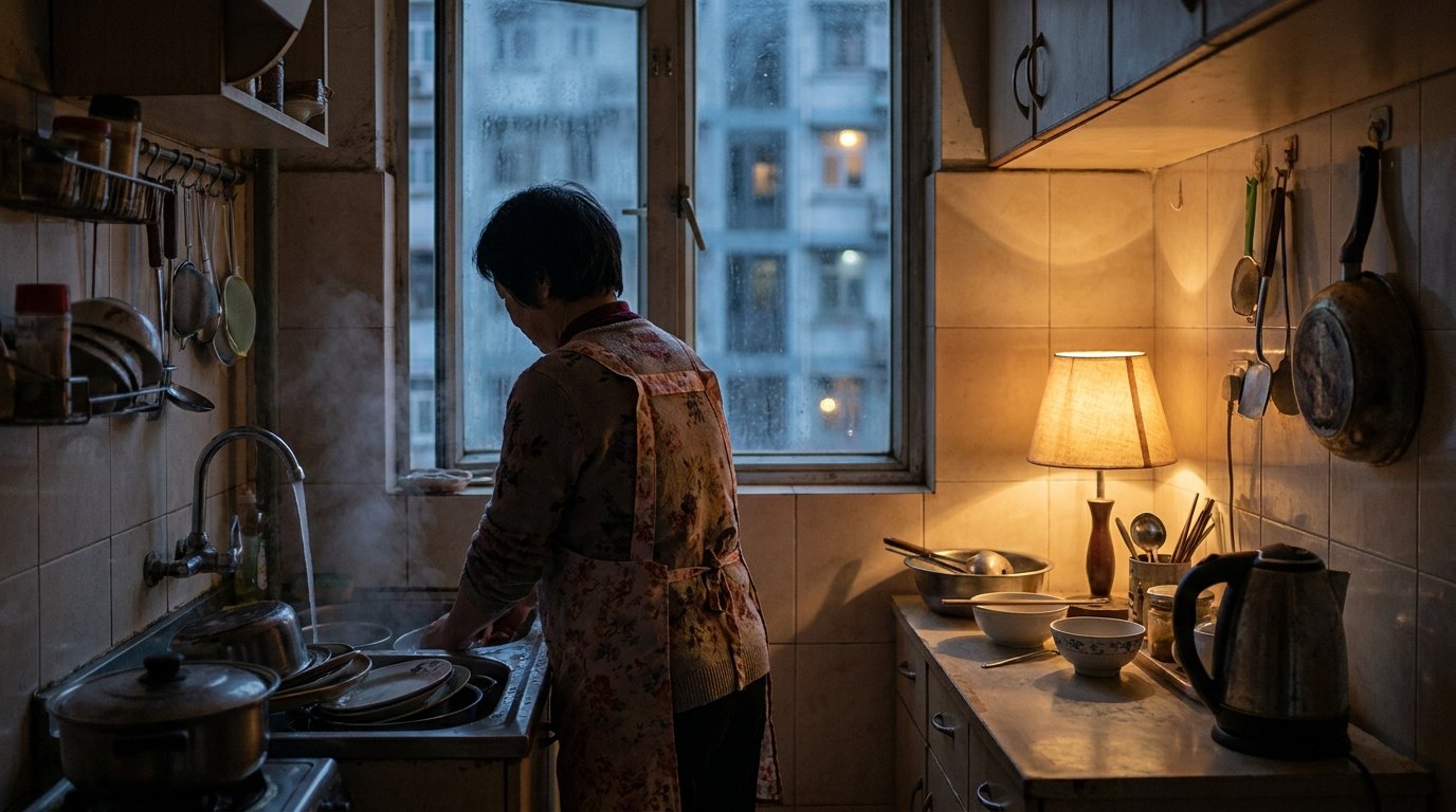 黄昏的厨房里，一位系着围裙的女性背对镜头在水槽前洗碗