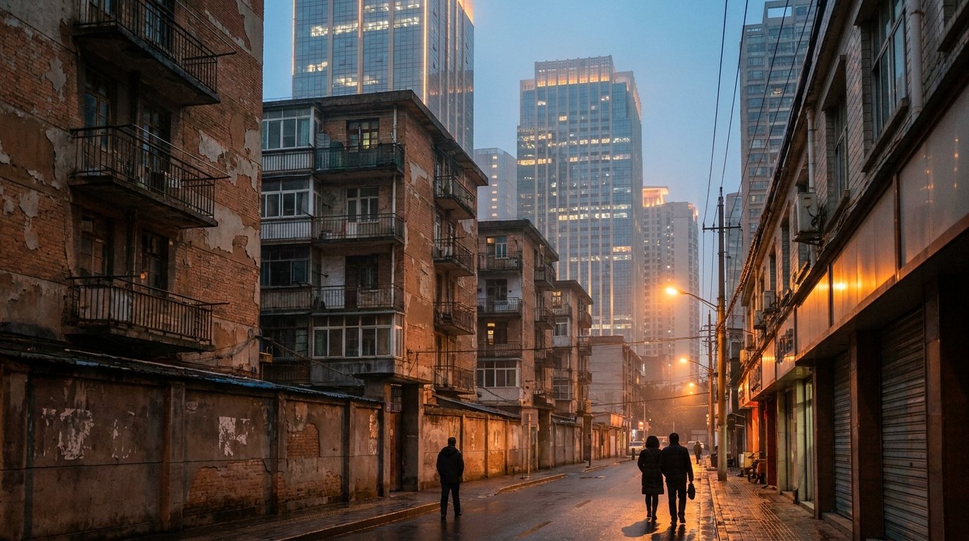 黄昏的中国省城街道，前排是八十年代的红砖楼，后面立着玻璃高楼，几个行人背对镜头走远